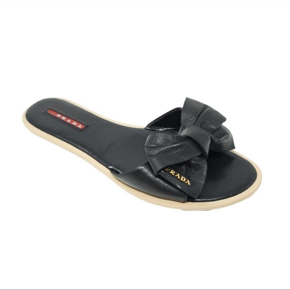 Prada Sport Black Leather Metal Logo Bow Slides Slip On Sandals Mules EUR 39